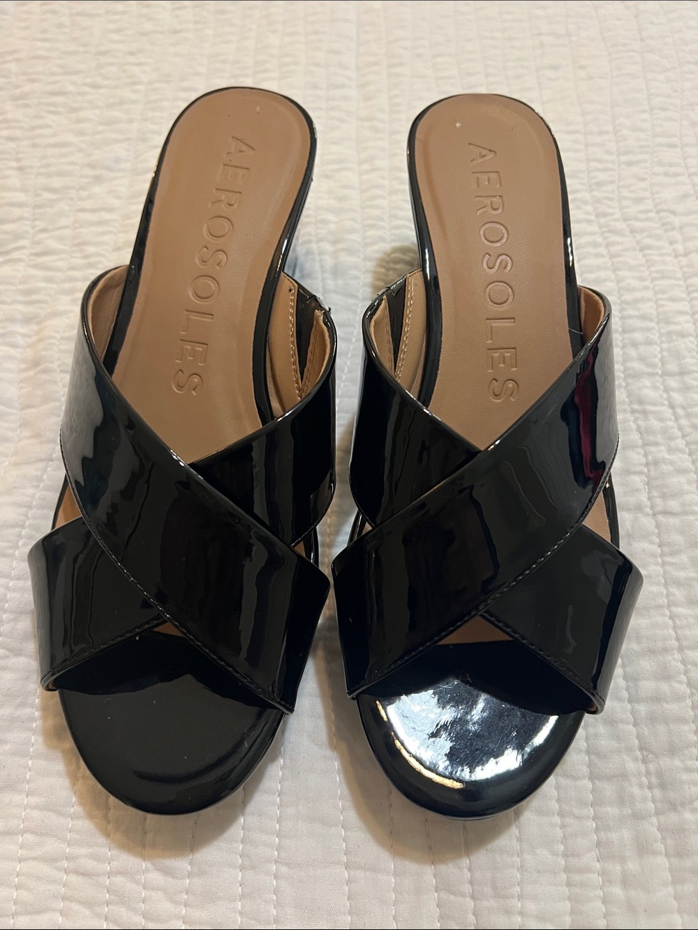 AEROSOLES Black Patent Crisscross Slide Mules